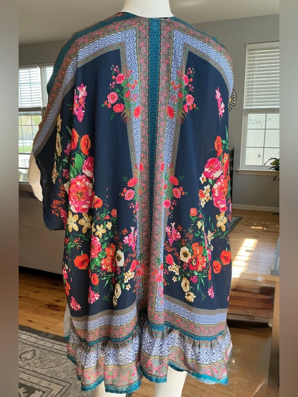 Umgee Boho Flowy Draped Ruffle Kimono Wrap Summer Relaxed Hippie Vibe SZ M/L